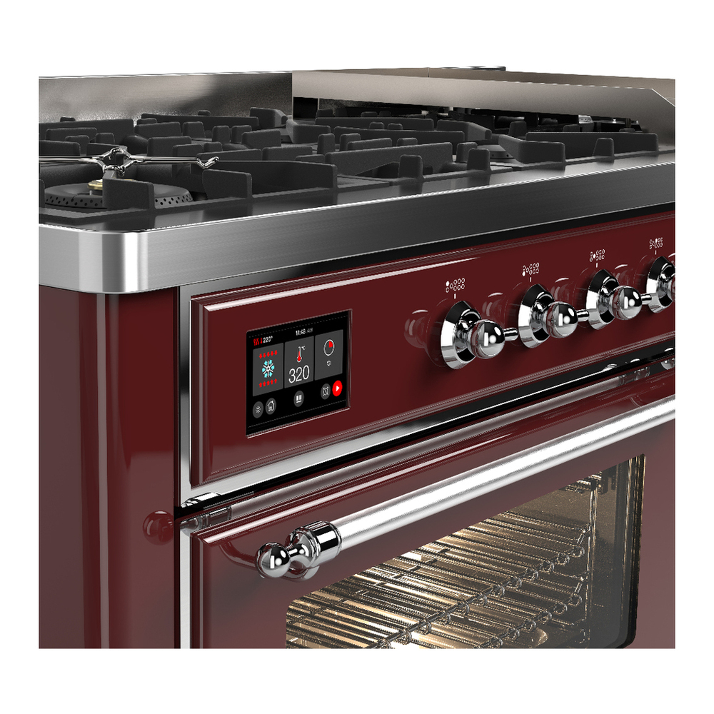 ILVE UM60FNR3BUC Majestic III 60 inch Dual Fuel Range with 9 Burners and Griddle, Dual Function Burner up to 25,000 BTU (Natural Gas, Triple Glass Door, Burgundy, Chrome) 7 ILVE-UM60FNR3BUC-Control Knobs View