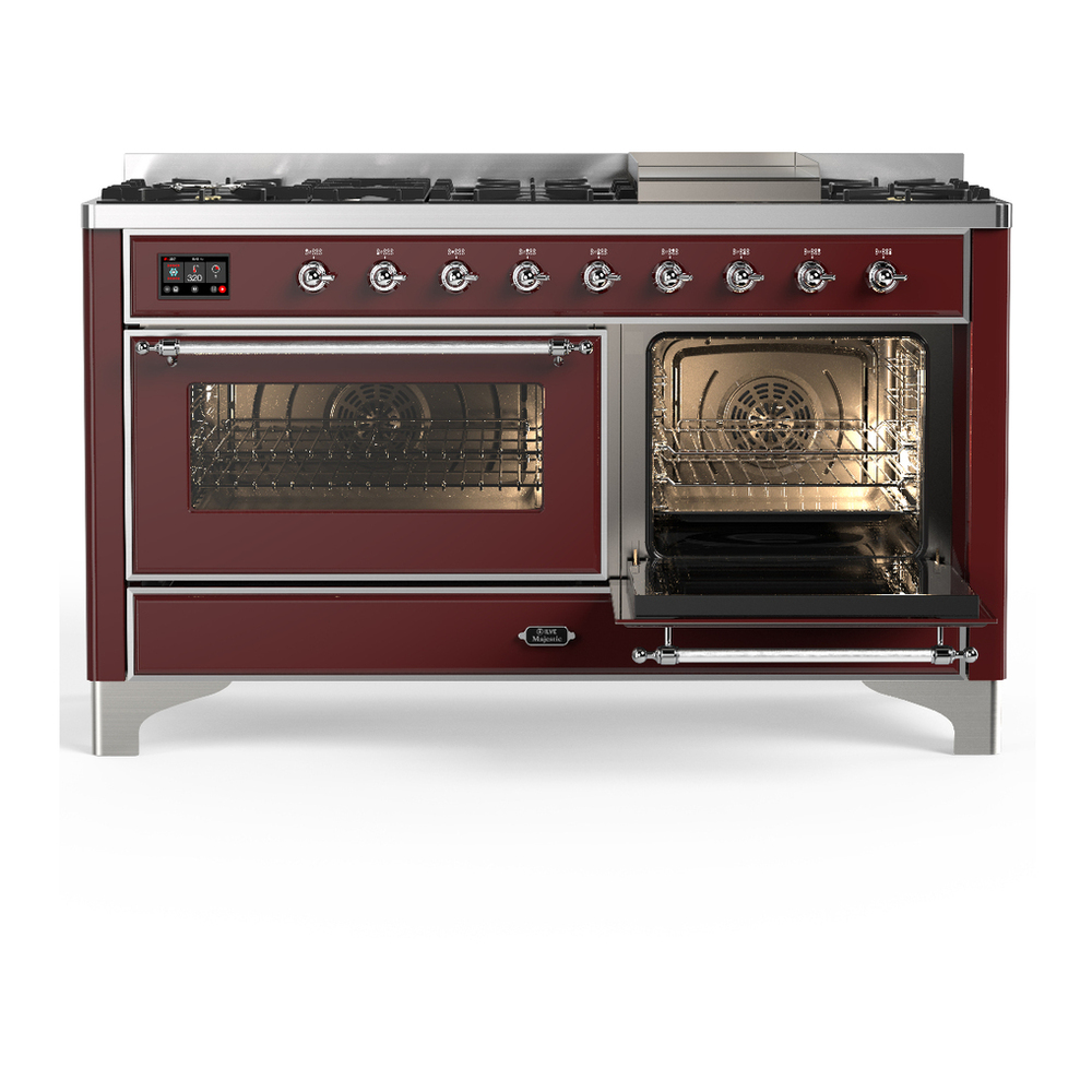 ILVE UM60FNR3BUC Majestic III 60 inch Dual Fuel Range with 9 Burners and Griddle, Dual Function Burner up to 25,000 BTU (Natural Gas, Triple Glass Door, Burgundy, Chrome) 4 ILVE-UM60FNR3BUC-Secondary Oven Open View
