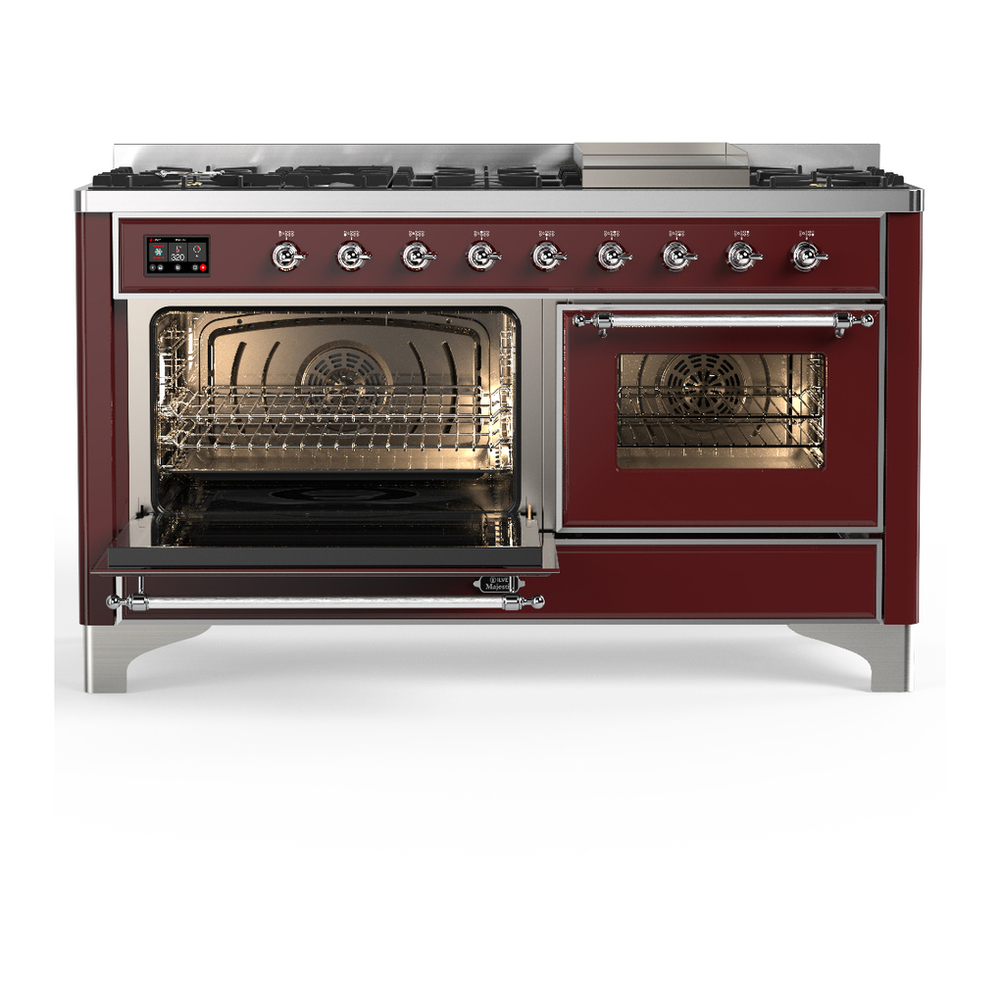 ILVE UM60FNR3BUC Majestic III 60 inch Dual Fuel Range with 9 Burners and Griddle, Dual Function Burner up to 25,000 BTU (Natural Gas, Triple Glass Door, Burgundy, Chrome) 3 ILVE-UM60FNR3BUC-Primary Oven Open View