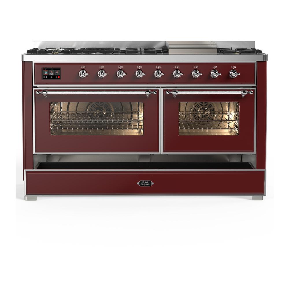 ILVE UM60FNR3BUC Majestic III 60 inch Dual Fuel Range with 9 Burners and Griddle, Dual Function Burner up to 25,000 BTU (Natural Gas, Triple Glass Door, Burgundy, Chrome) 5 ILVE-UM60FNR3BUC-Drawer Open View