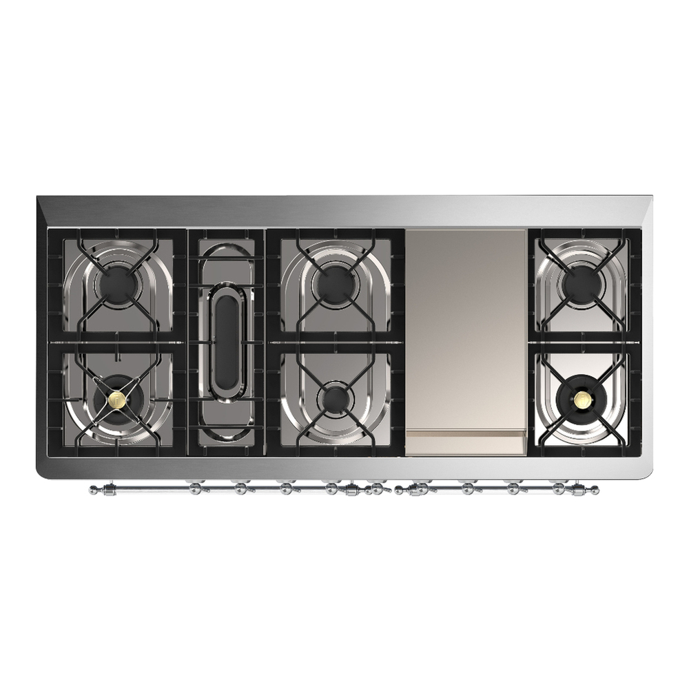 ILVE UM60FNR3BUC Majestic III 60 inch Dual Fuel Range with 9 Burners and Griddle, Dual Function Burner up to 25,000 BTU (Natural Gas, Triple Glass Door, Burgundy, Chrome) 6 ILVE-UM60FNR3BUC-Top View