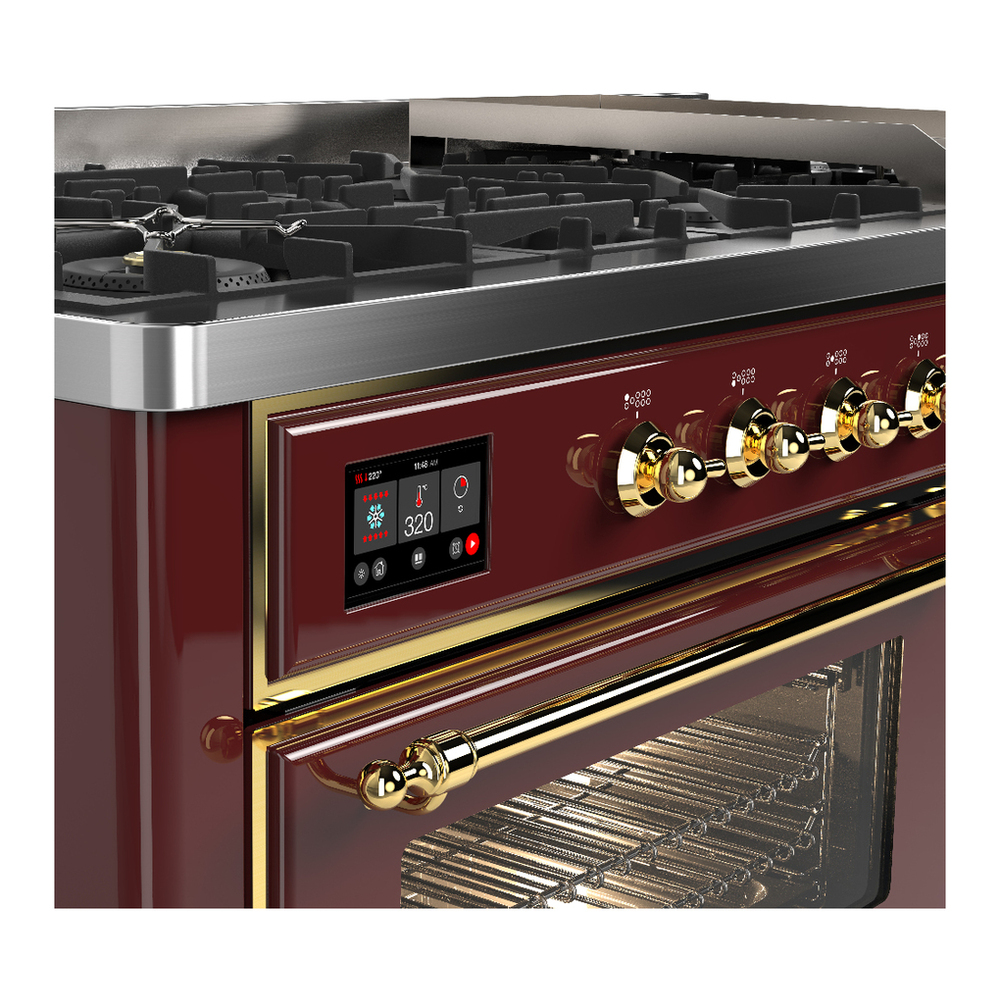 ILVE UM60FNR3BUGLP Majestic III 60 inch Dual Fuel Range with 9 Burners and Griddle, Dual Function Burner up to 25,000 BTU (Liquid Propane, Triple Glass Door, Burgundy, Brass) 7 ILVE-UM60FNR3BUGLP-Control Knobs View