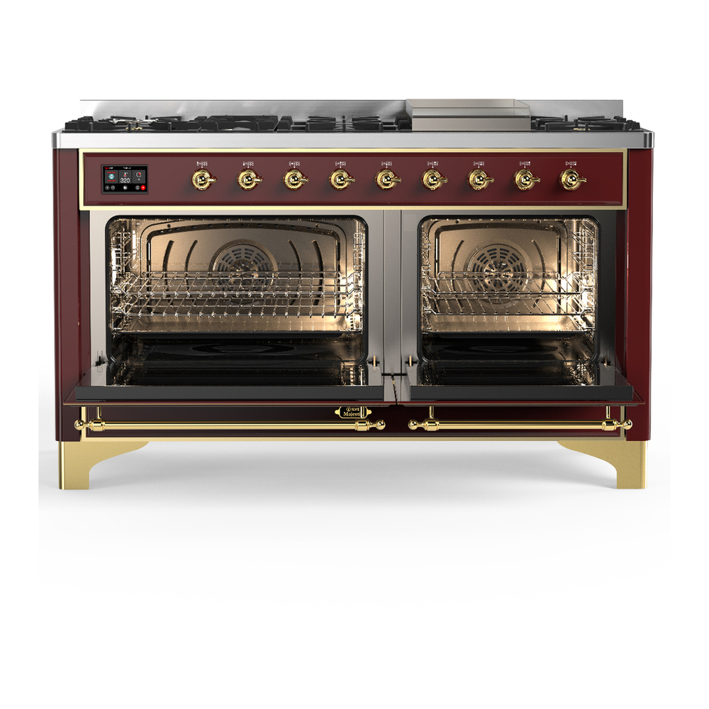 ILVE UM60FNR3BUGLP Majestic III 60 inch Dual Fuel Range with 9 Burners and Griddle, Dual Function Burner up to 25,000 BTU (Liquid Propane, Triple Glass Door, Burgundy, Brass) 2 ILVE-UM60FNR3BUGLP-Double Oven Open View