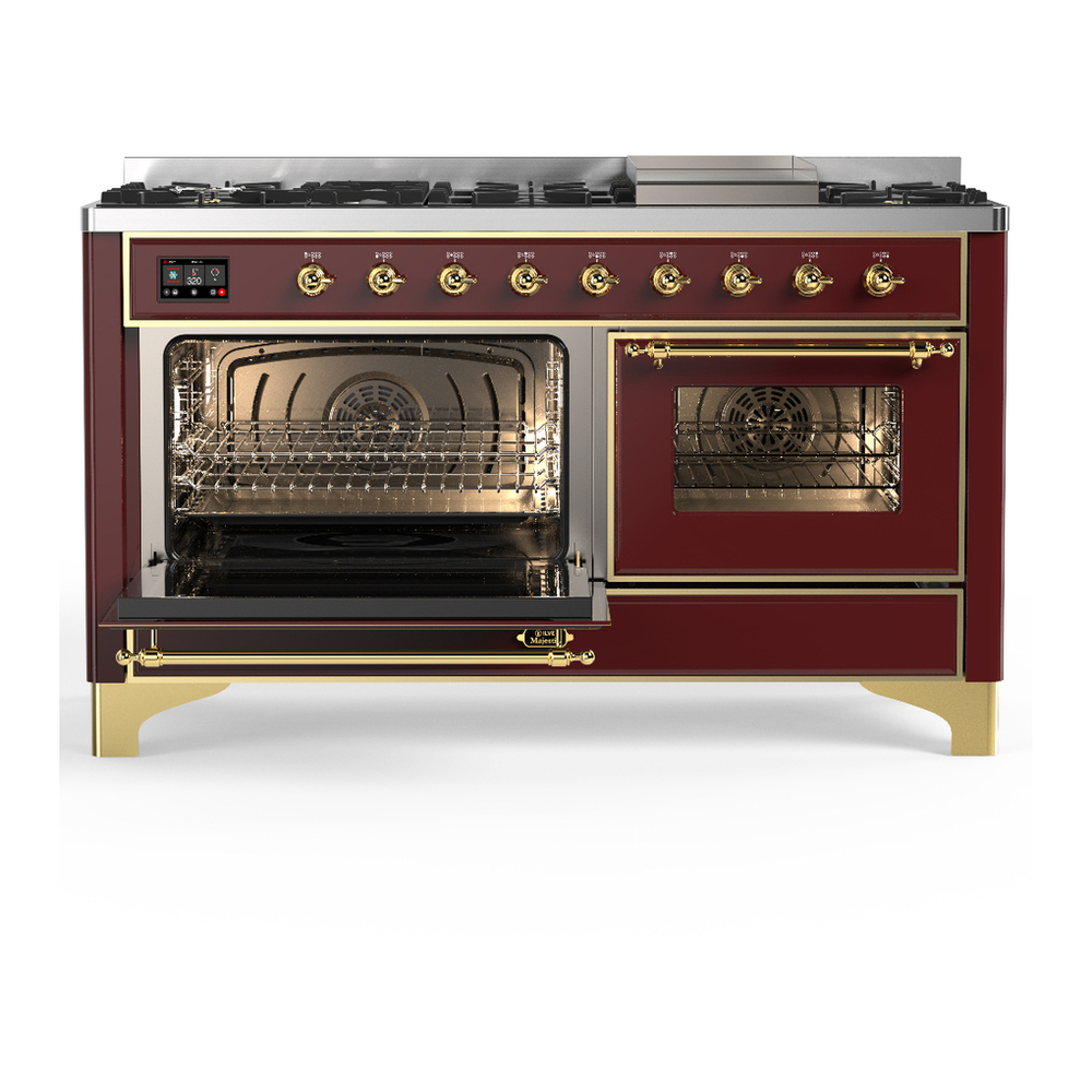 ILVE UM60FNR3BUGLP Majestic III 60 inch Dual Fuel Range with 9 Burners and Griddle, Dual Function Burner up to 25,000 BTU (Liquid Propane, Triple Glass Door, Burgundy, Brass) 3 ILVE-UM60FNR3BUGLP-Primary Oven Open View