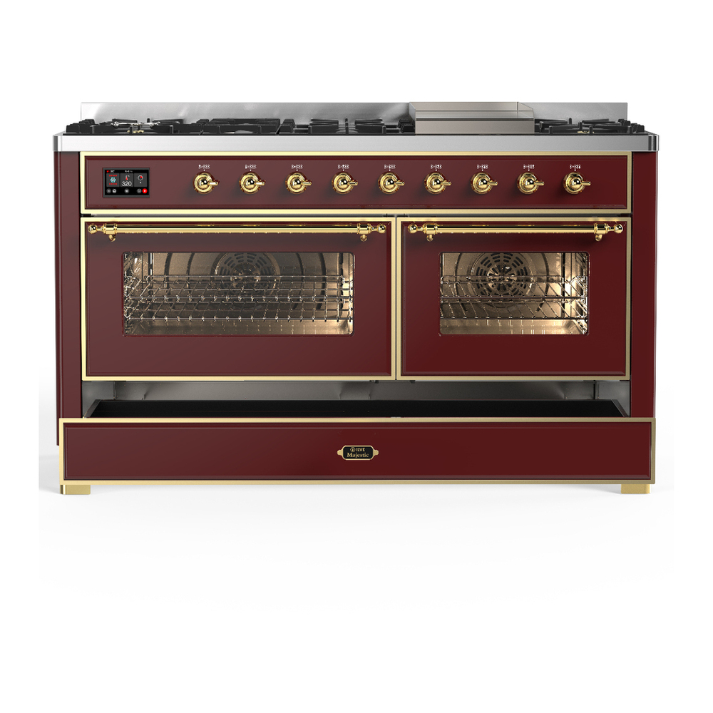 ILVE UM60FNR3BUGLP Majestic III 60 inch Dual Fuel Range with 9 Burners and Griddle, Dual Function Burner up to 25,000 BTU (Liquid Propane, Triple Glass Door, Burgundy, Brass) 5 ILVE-UM60FNR3BUGLP-Drawer Open View