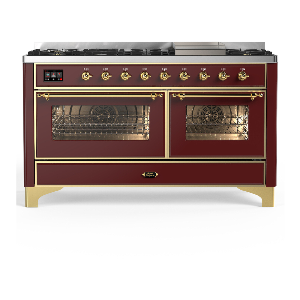 ILVE UM60FNR3BUG Majestic III 60 inch Dual Fuel Range with 9 Burners and Griddle, Dual Function Burner up to 25,000 BTU (Natural Gas, Triple Glass Door, Burgundy, Brass) 1 UM60FNR3BUG
