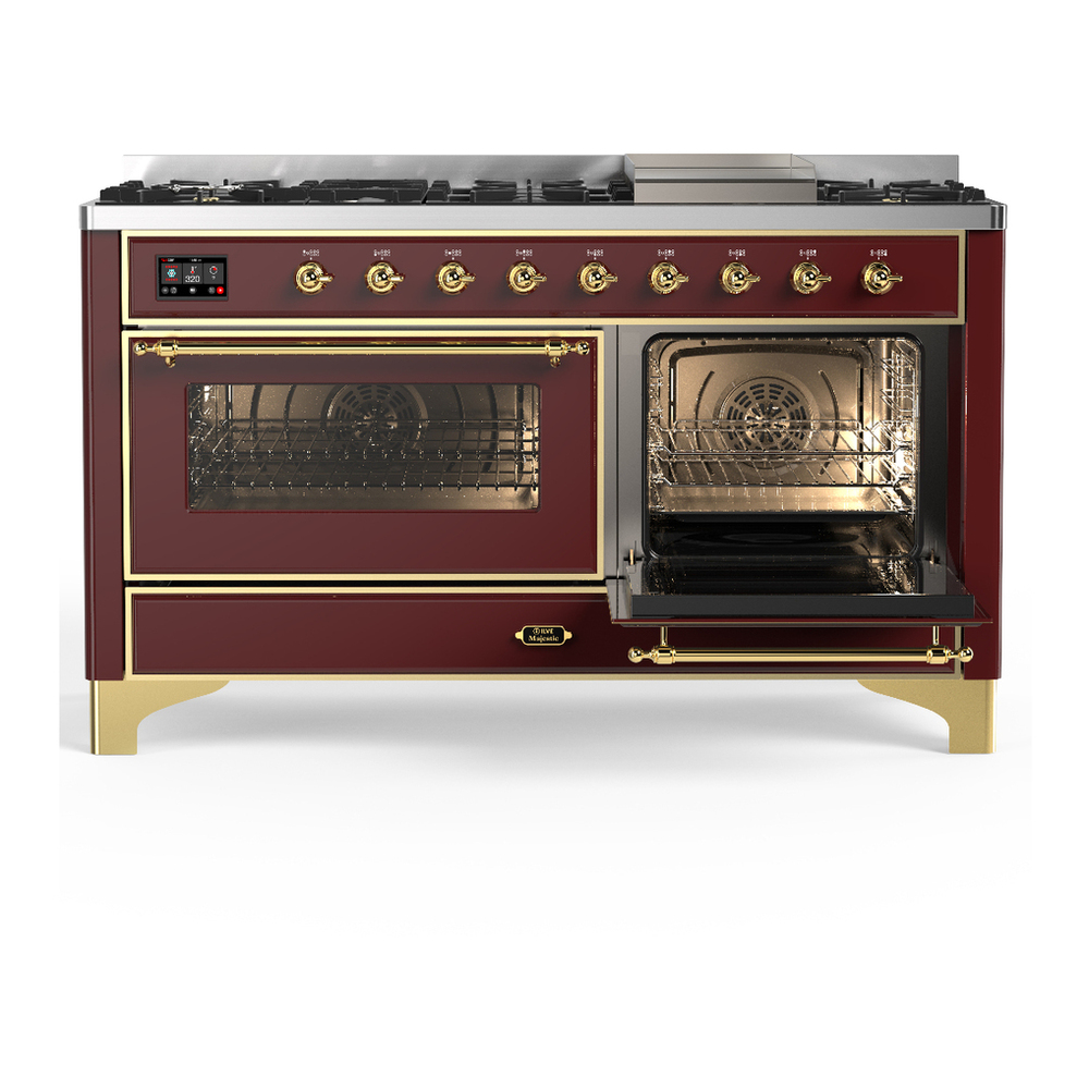 ILVE UM60FNR3BUG Majestic III 60 inch Dual Fuel Range with 9 Burners and Griddle, Dual Function Burner up to 25,000 BTU (Natural Gas, Triple Glass Door, Burgundy, Brass) 4 ILVE-UM60FNR3BUG-Secondary Oven Open View