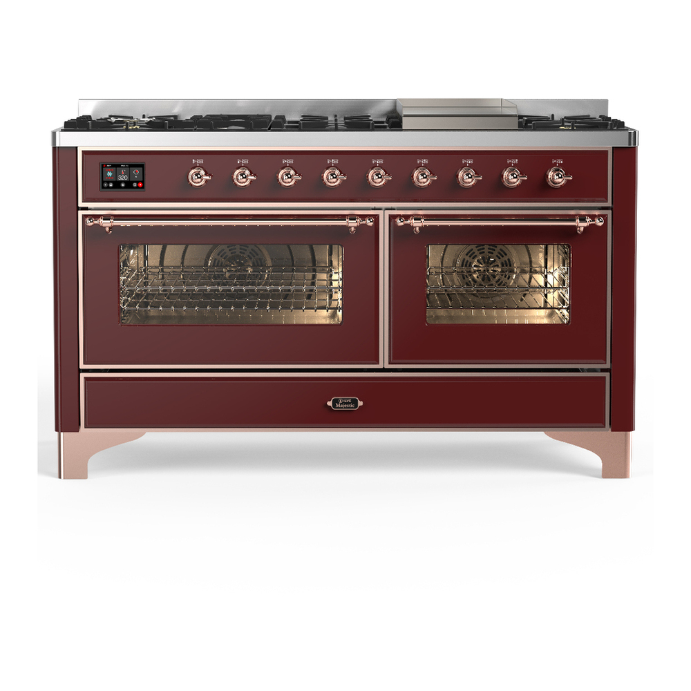 ILVE UM60FNR3BUP Majestic III 60 inch Dual Fuel Range with 9 Burners and Griddle, Dual Function Burner up to 25,000 BTU (Natural Gas, Triple Glass Door, Burgundy, Copper) 1 UM60FNR3BUP