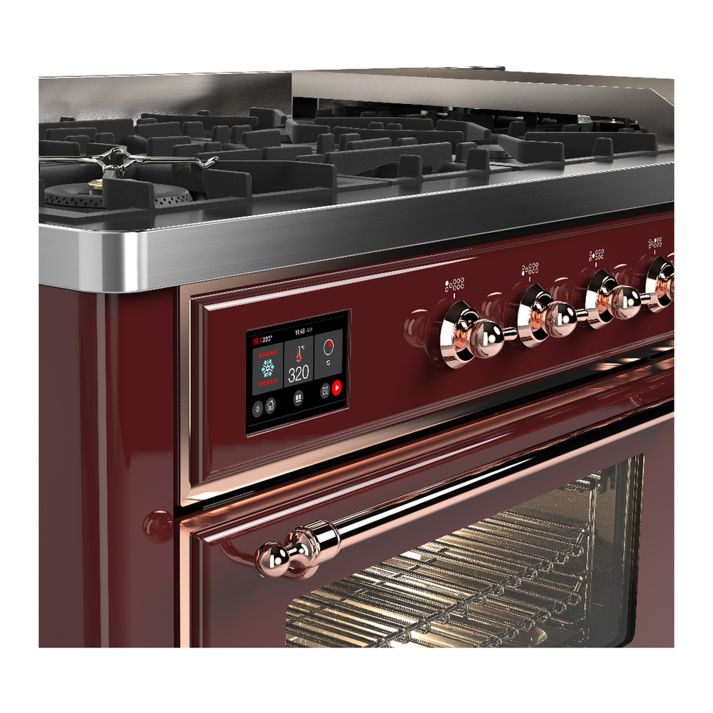 ILVE UM60FNR3BUP Majestic III 60 inch Dual Fuel Range with 9 Burners and Griddle, Dual Function Burner up to 25,000 BTU (Natural Gas, Triple Glass Door, Burgundy, Copper) 7 ILVE-UM60FNR3BUP-Control Knobs View