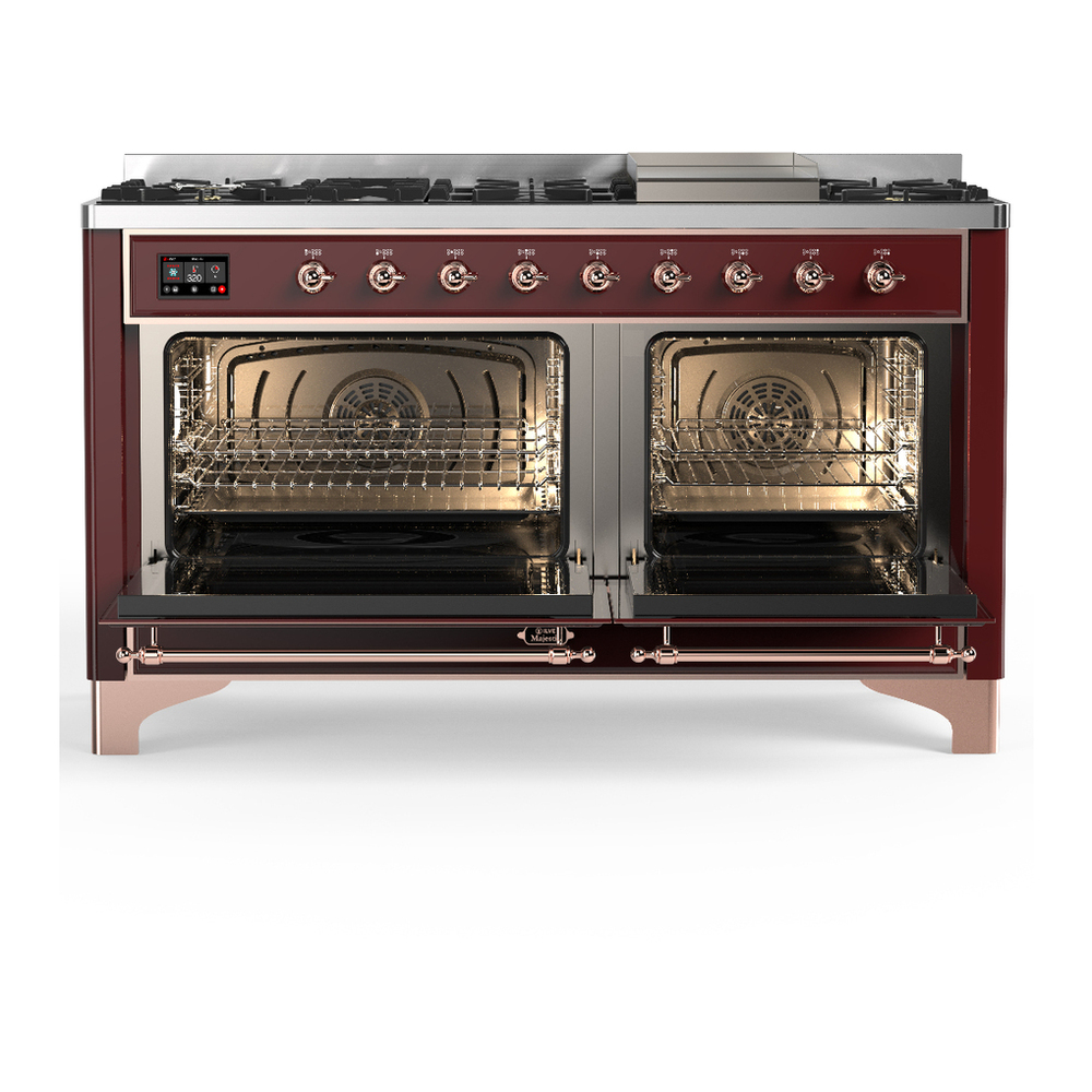 ILVE UM60FNR3BUP Majestic III 60 inch Dual Fuel Range with 9 Burners and Griddle, Dual Function Burner up to 25,000 BTU (Natural Gas, Triple Glass Door, Burgundy, Copper) 2 ILVE-UM60FNR3BUP-Double Oven Open View