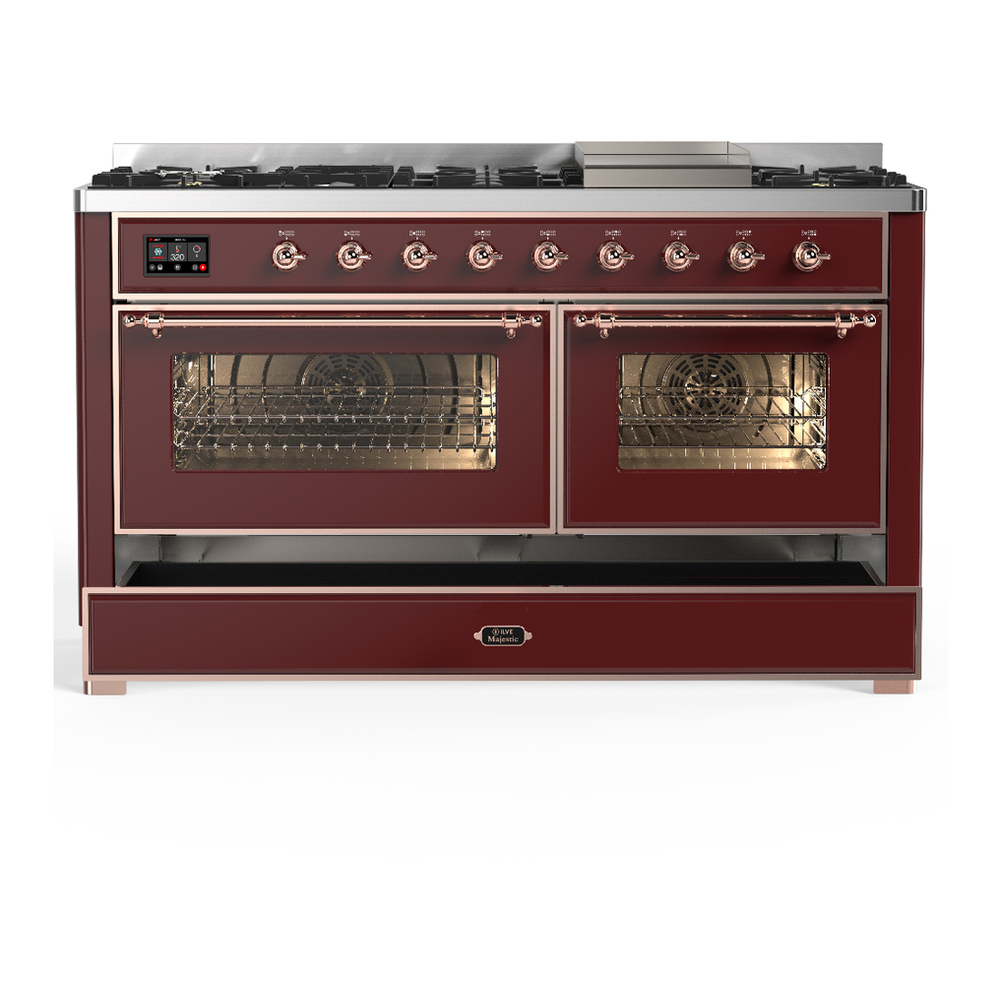 ILVE UM60FNR3BUP Majestic III 60 inch Dual Fuel Range with 9 Burners and Griddle, Dual Function Burner up to 25,000 BTU (Natural Gas, Triple Glass Door, Burgundy, Copper) 5 ILVE-UM60FNR3BUP-Drawer Open View