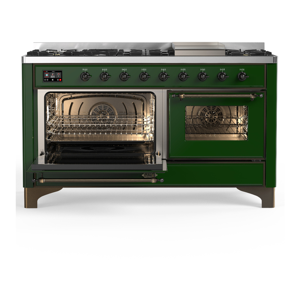 ILVE UM60FNR3EGBLP Majestic III 60 inch Dual Fuel Range with 9 Burners and Griddle, Dual Function Burner up to 25,000 BTU (Liquid Propane, Triple Glass Door, Emerald Green, Burnished) 3 ILVE-UM60FNR3EGBLP-Primary Oven Open View