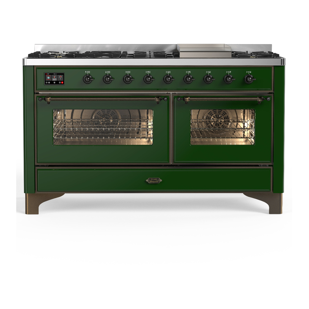 ILVE UM60FNR3EGB Majestic III 60 inch Dual Fuel Range with 9 Burners and Griddle, Dual Function Burner up to 25,000 BTU (Natural Gas, Triple Glass Door, Emerald Green, Burnished) 1 UM60FNR3EGB