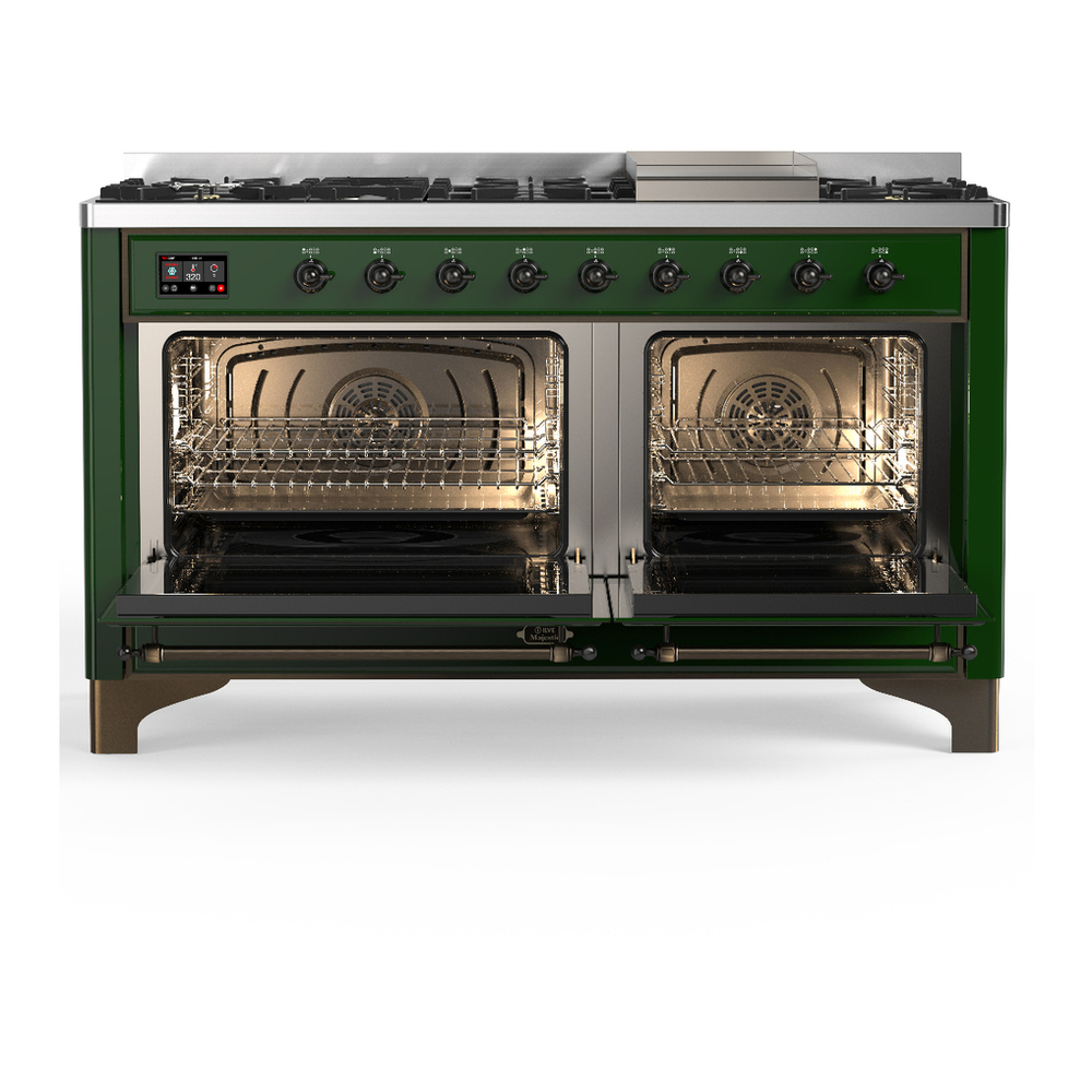ILVE UM60FNR3EGB Majestic III 60 inch Dual Fuel Range with 9 Burners and Griddle, Dual Function Burner up to 25,000 BTU (Natural Gas, Triple Glass Door, Emerald Green, Burnished) 2 ILVE-UM60FNR3EGB-Double Oven Open View
