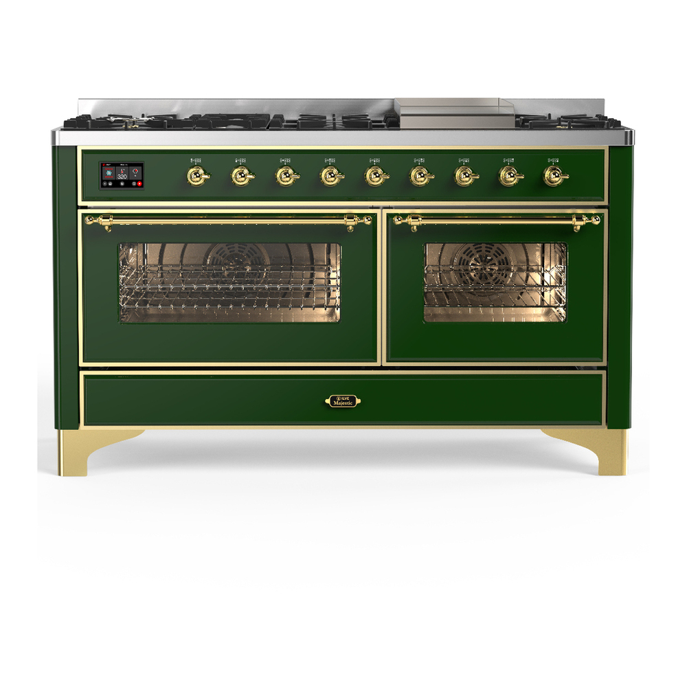 ILVE UM60FNR3EGG Majestic III 60 inch Dual Fuel Range with 9 Burners and Griddle, Dual Function Burner up to 25,000 BTU (Natural Gas, Triple Glass Door, Emerald Green, Brass) 1 UM60FNR3EGG
