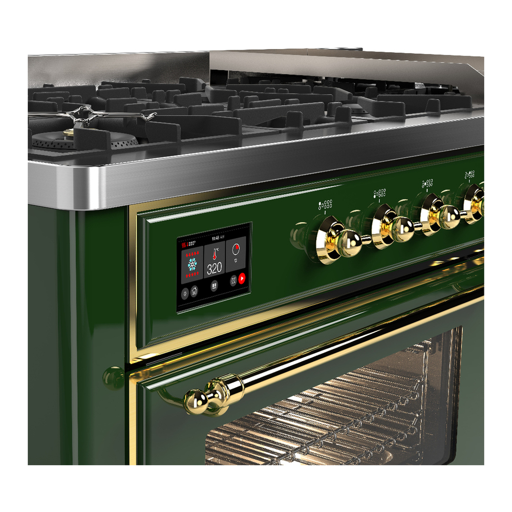 ILVE UM60FNR3EGG Majestic III 60 inch Dual Fuel Range with 9 Burners and Griddle, Dual Function Burner up to 25,000 BTU (Natural Gas, Triple Glass Door, Emerald Green, Brass) 6 ILVE-UM60FNR3EGG-Control Knobs View