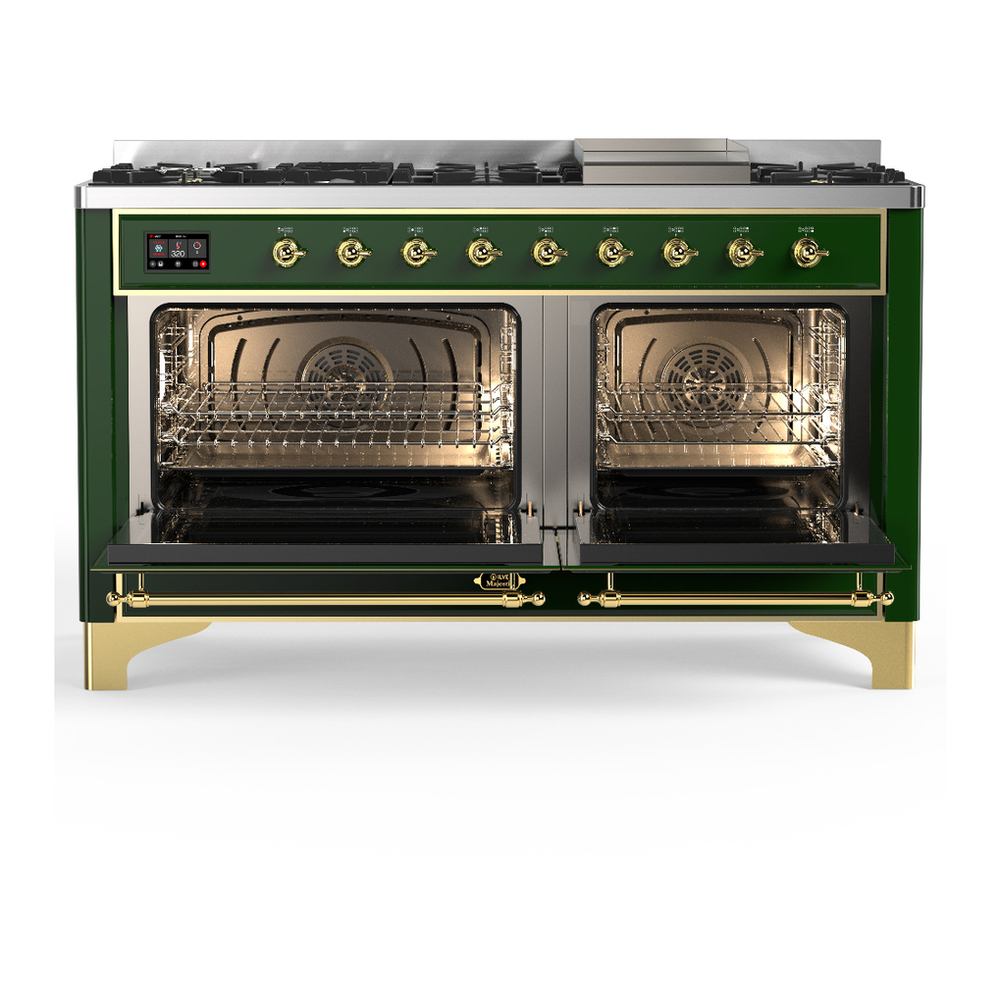ILVE UM60FNR3EGG Majestic III 60 inch Dual Fuel Range with 9 Burners and Griddle, Dual Function Burner up to 25,000 BTU (Natural Gas, Triple Glass Door, Emerald Green, Brass) 2 ILVE-UM60FNR3EGG-Double Oven Open View