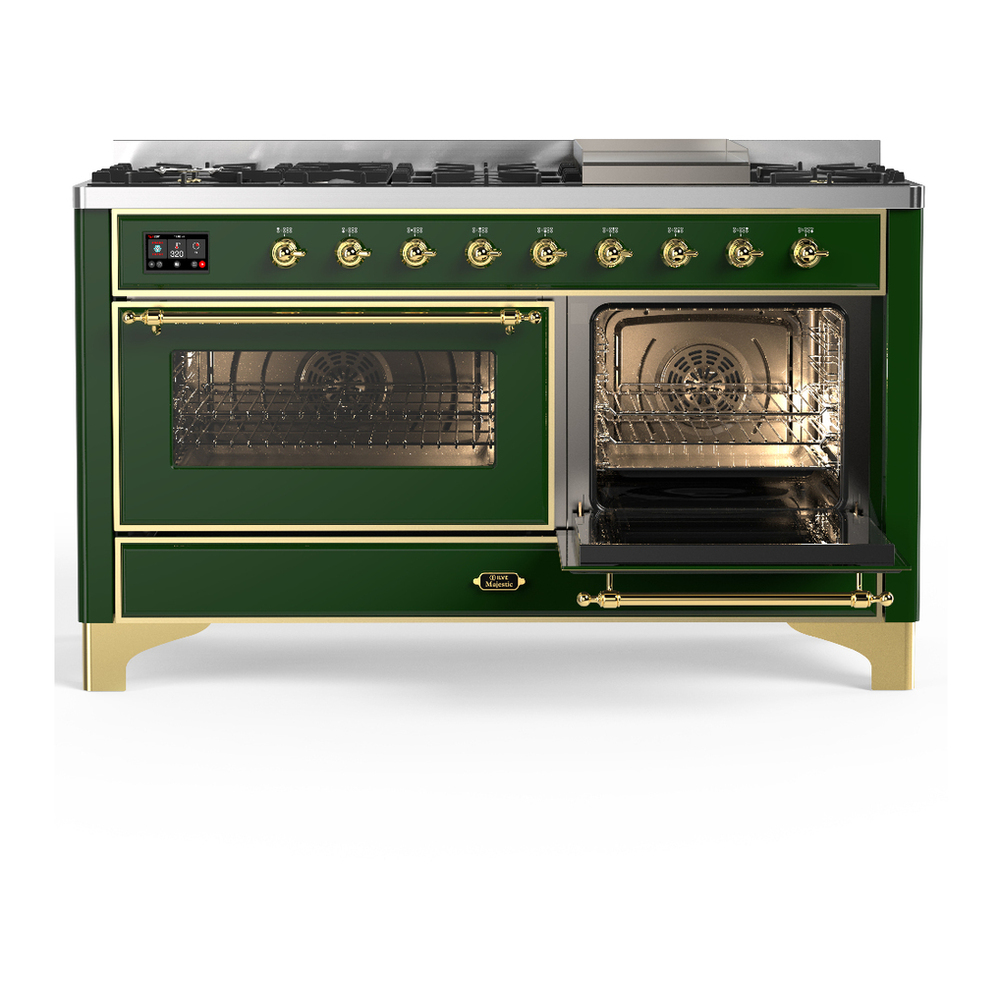 ILVE UM60FNR3EGG Majestic III 60 inch Dual Fuel Range with 9 Burners and Griddle, Dual Function Burner up to 25,000 BTU (Natural Gas, Triple Glass Door, Emerald Green, Brass) 4 ILVE-UM60FNR3EGG-Secondary Oven Open View