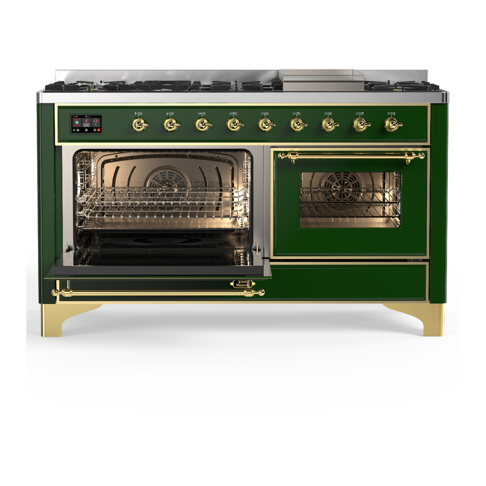 ILVE UM60FNR3EGG Majestic III 60 inch Dual Fuel Range with 9 Burners and Griddle, Dual Function Burner up to 25,000 BTU (Natural Gas, Triple Glass Door, Emerald Green, Brass) 3 ILVE-UM60FNR3EGG-Primary Oven Open View
