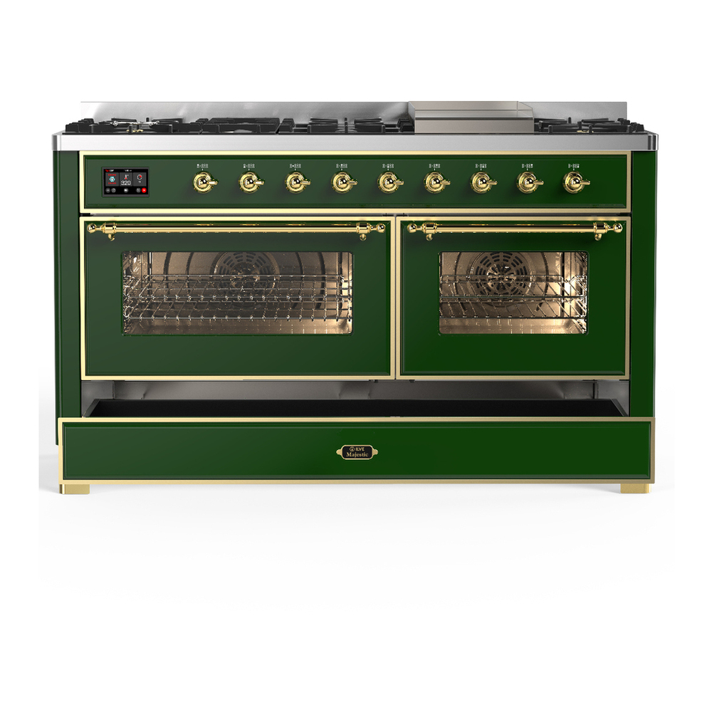 ILVE UM60FNR3EGG Majestic III 60 inch Dual Fuel Range with 9 Burners and Griddle, Dual Function Burner up to 25,000 BTU (Natural Gas, Triple Glass Door, Emerald Green, Brass) 5 ILVE-UM60FNR3EGG-Drawer Open View