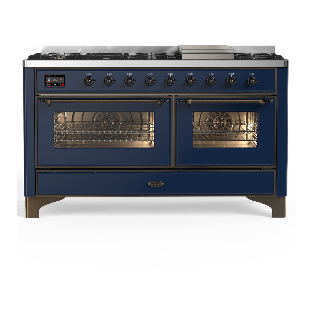 ILVE UM60FNR3MBB Majestic III 60 inch Dual Fuel Range with 9 Burners and Griddle, Dual Function Burner up to 25,000 BTU (Natural Gas, Triple Glass Door, Midnight Blue, Burnished) 1 UM60FNR3MBB