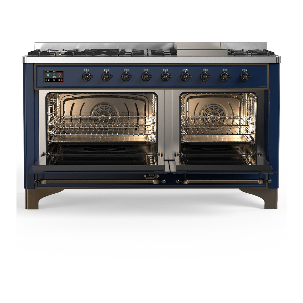 ILVE UM60FNR3MBB Majestic III 60 inch Dual Fuel Range with 9 Burners and Griddle, Dual Function Burner up to 25,000 BTU (Natural Gas, Triple Glass Door, Midnight Blue, Burnished) 2 ILVE-UM60FNR3MBB-Double Oven Open View