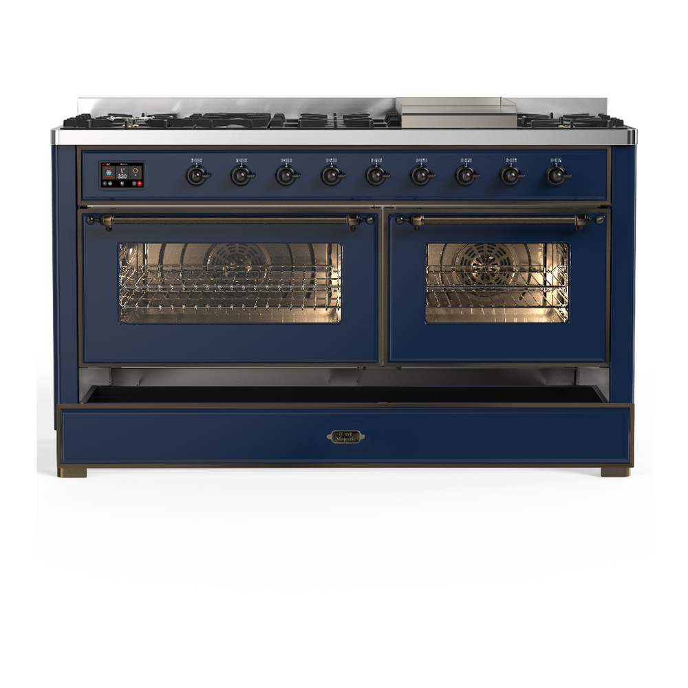 ILVE UM60FNR3MBB Majestic III 60 inch Dual Fuel Range with 9 Burners and Griddle, Dual Function Burner up to 25,000 BTU (Natural Gas, Triple Glass Door, Midnight Blue, Burnished) 5 ILVE-UM60FNR3MBB-Drawer Open View