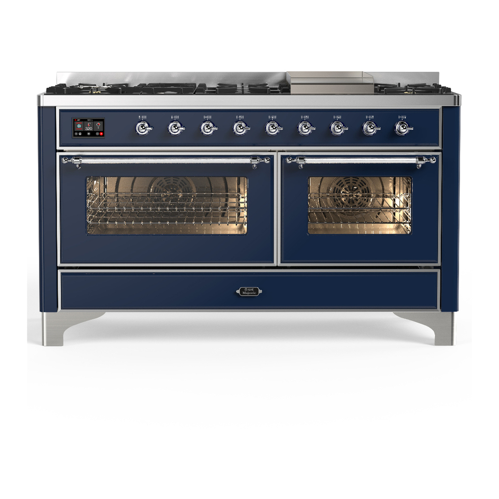 ILVE UM60FNR3MBC Majestic III 60 inch Dual Fuel Range with 9 Burners and Griddle, Dual Function Burner up to 25,000 BTU (Natural Gas, Triple Glass Door, Midnight Blue, Chrome) 1 UM60FNR3MBC