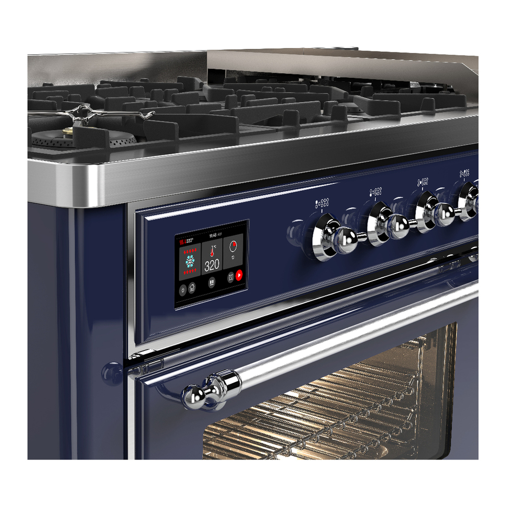 ILVE UM60FNR3MBC Majestic III 60 inch Dual Fuel Range with 9 Burners and Griddle, Dual Function Burner up to 25,000 BTU (Natural Gas, Triple Glass Door, Midnight Blue, Chrome) 7 ILVE-UM60FNR3MBC-Control Knobs View