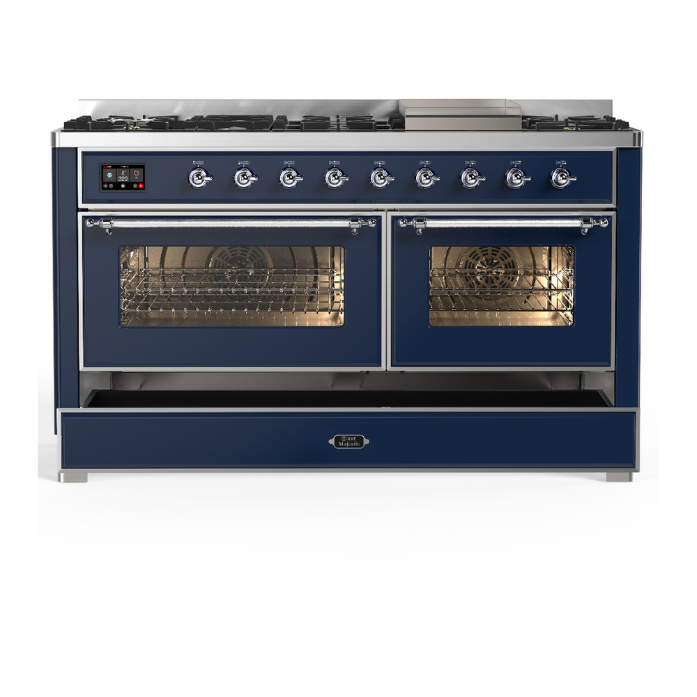 ILVE UM60FNR3MBC Majestic III 60 inch Dual Fuel Range with 9 Burners and Griddle, Dual Function Burner up to 25,000 BTU (Natural Gas, Triple Glass Door, Midnight Blue, Chrome) 5 ILVE-UM60FNR3MBC-Drawer Open View