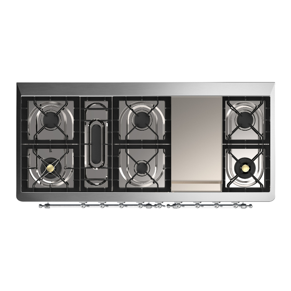 ILVE UM60FNR3MBC Majestic III 60 inch Dual Fuel Range with 9 Burners and Griddle, Dual Function Burner up to 25,000 BTU (Natural Gas, Triple Glass Door, Midnight Blue, Chrome) 6 ILVE-UM60FNR3MBC-Top View