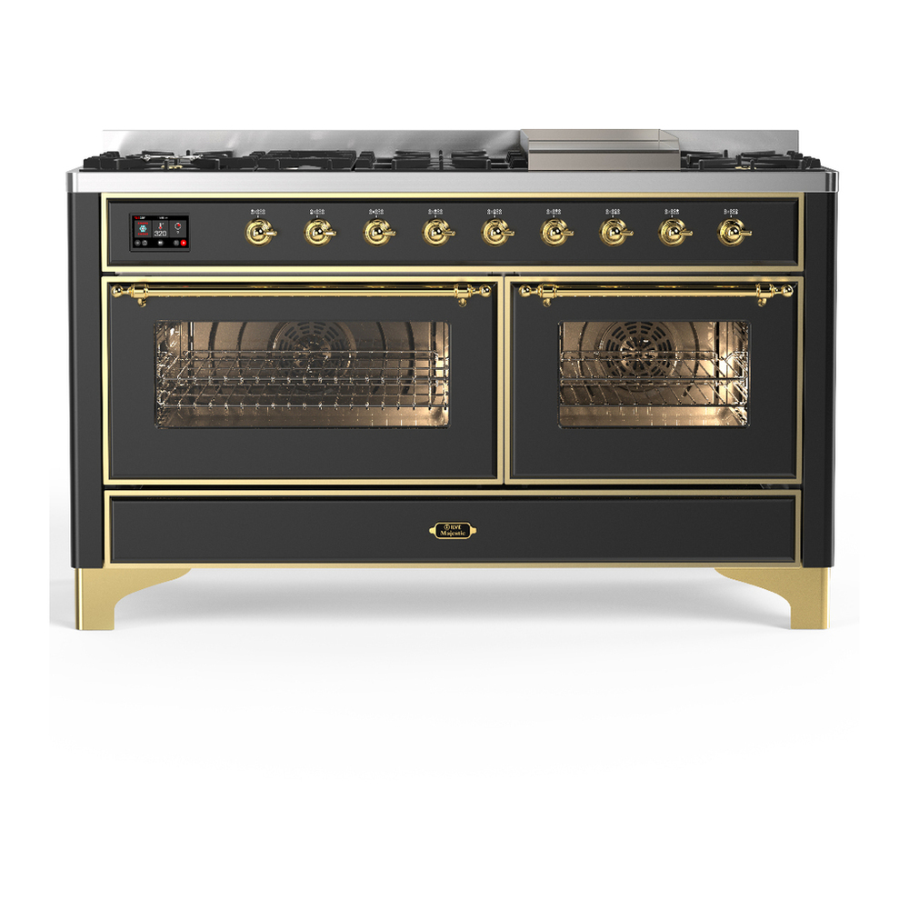 ILVE UM60FNR3MGGLP Majestic III 60 inch Dual Fuel Range with 9 Burners and Griddle, Dual Function Burner up to 25,000 BTU (Liquid Propane, Triple Glass Door, Graphite Matte, Brass) 1 UM60FNR3MGGLP