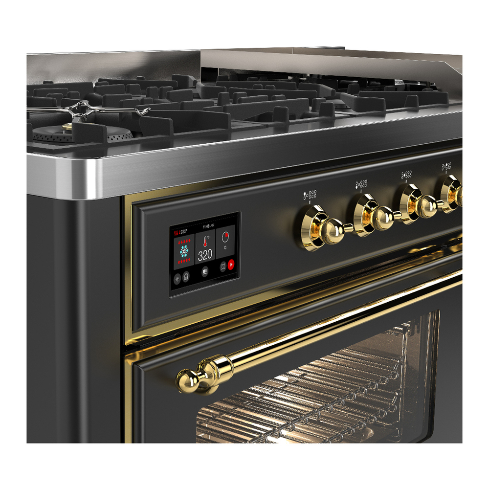 ILVE UM60FNR3MGGLP Majestic III 60 inch Dual Fuel Range with 9 Burners and Griddle, Dual Function Burner up to 25,000 BTU (Liquid Propane, Triple Glass Door, Graphite Matte, Brass) 7 ILVE-UM60FNR3MGGLP-Control Knobs View