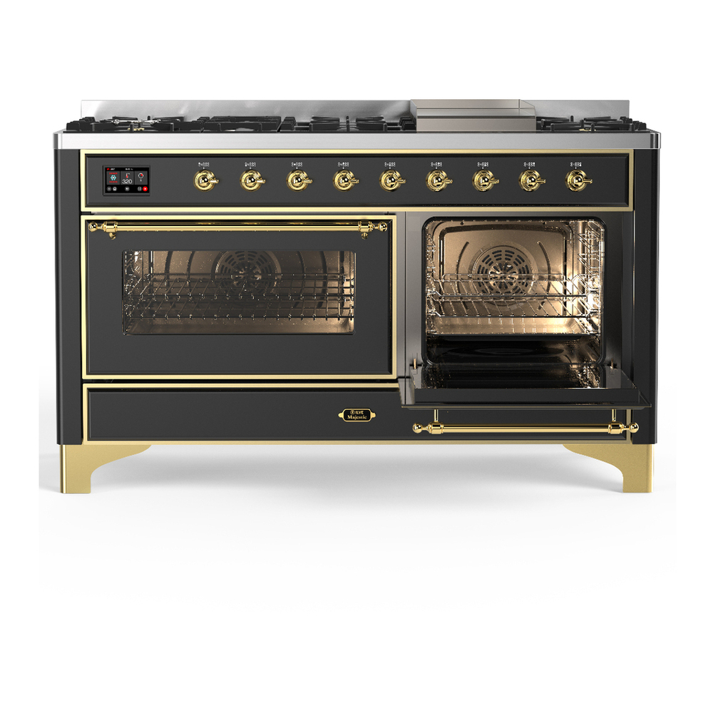 ILVE UM60FNR3MGGLP Majestic III 60 inch Dual Fuel Range with 9 Burners and Griddle, Dual Function Burner up to 25,000 BTU (Liquid Propane, Triple Glass Door, Graphite Matte, Brass) 4 ILVE-UM60FNR3MGGLP-Secondary Oven Open View
