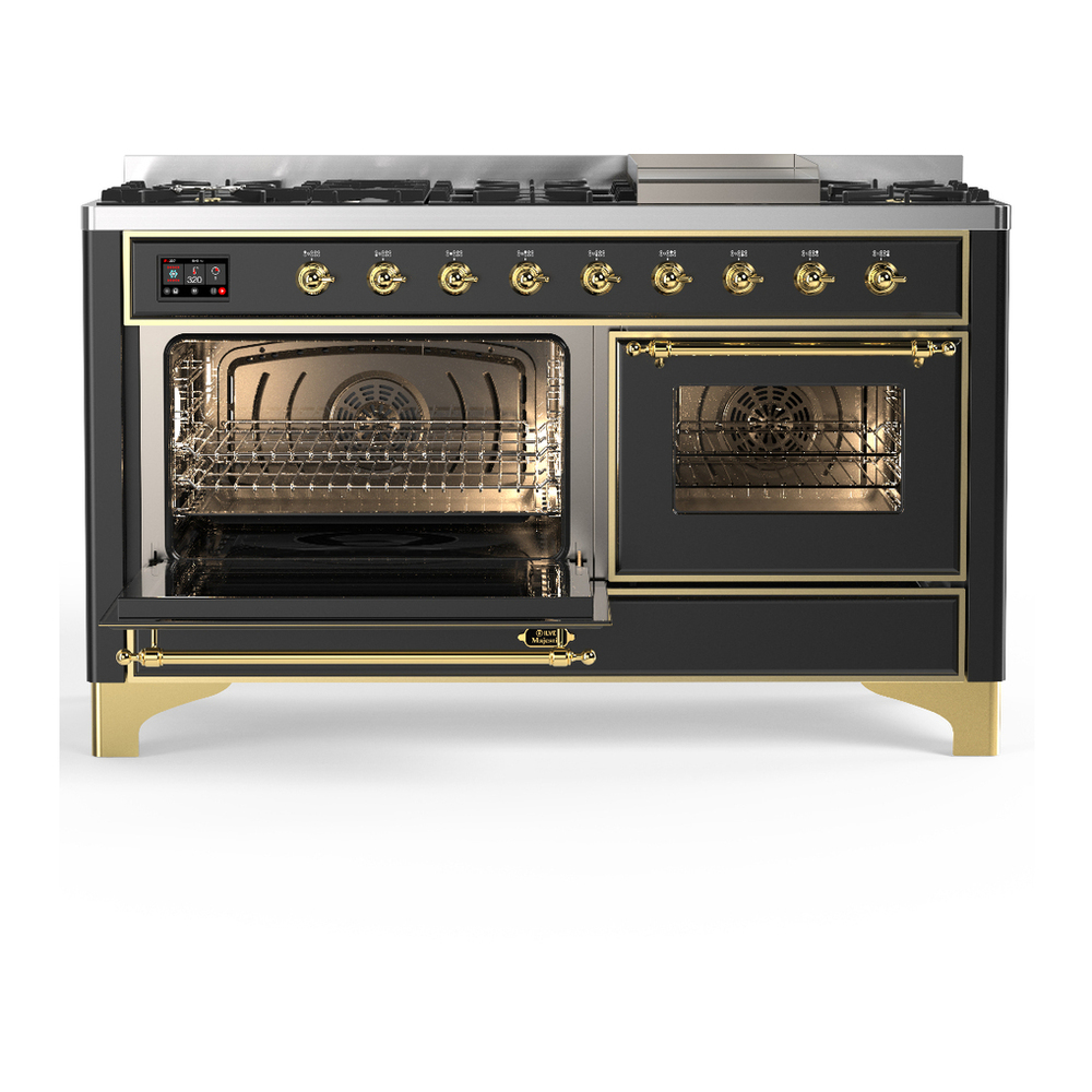 ILVE UM60FNR3MGGLP Majestic III 60 inch Dual Fuel Range with 9 Burners and Griddle, Dual Function Burner up to 25,000 BTU (Liquid Propane, Triple Glass Door, Graphite Matte, Brass) 3 ILVE-UM60FNR3MGGLP-Primary Oven Open View