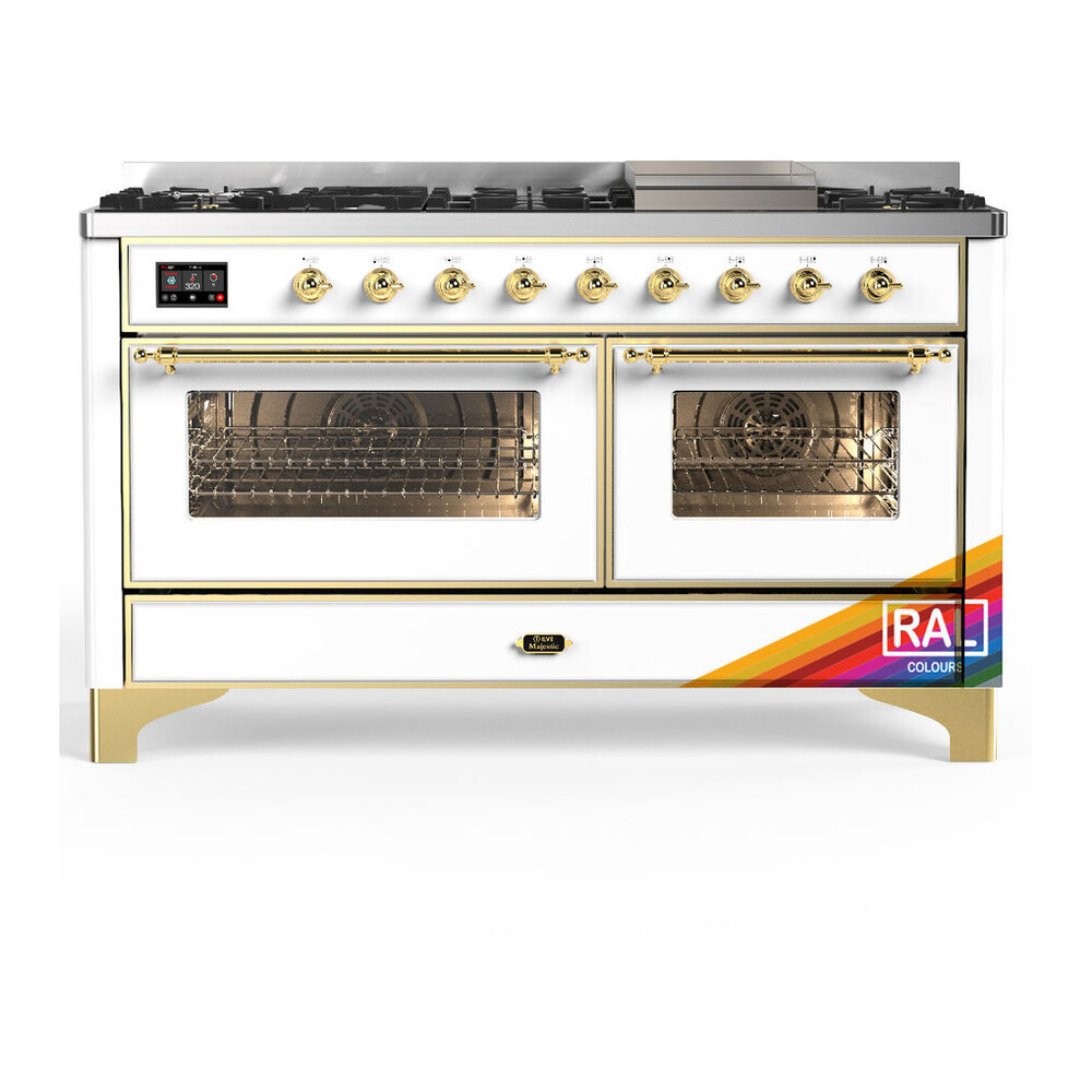 ILVE UM60FNR3RAGLP Majestic III 60 inch Dual Fuel Range with 9 Burners and Griddle, Dual Function Burner up to 25,000 BTU (Liquid Propane, Triple Glass Door, RAL, Brass) 1 UM60FNR3RAGLP