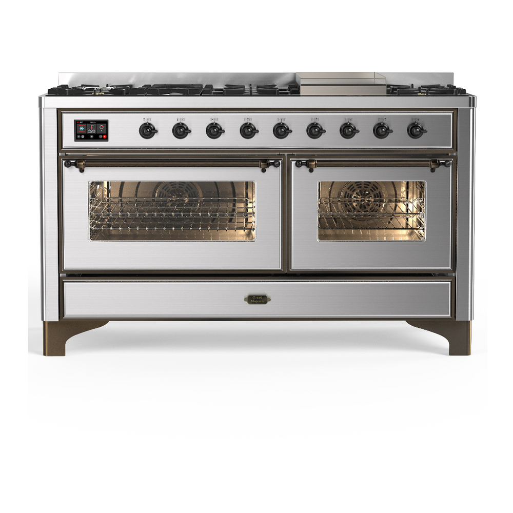 ILVE UM60FNR3SSB Majestic III 60 inch Dual Fuel Range with 9 Burners and Griddle, Dual Function Burner up to 25,000 BTU (Natural Gas, Triple Glass Door, Stainless Steel, Burnished) 1 UM60FNR3SSB