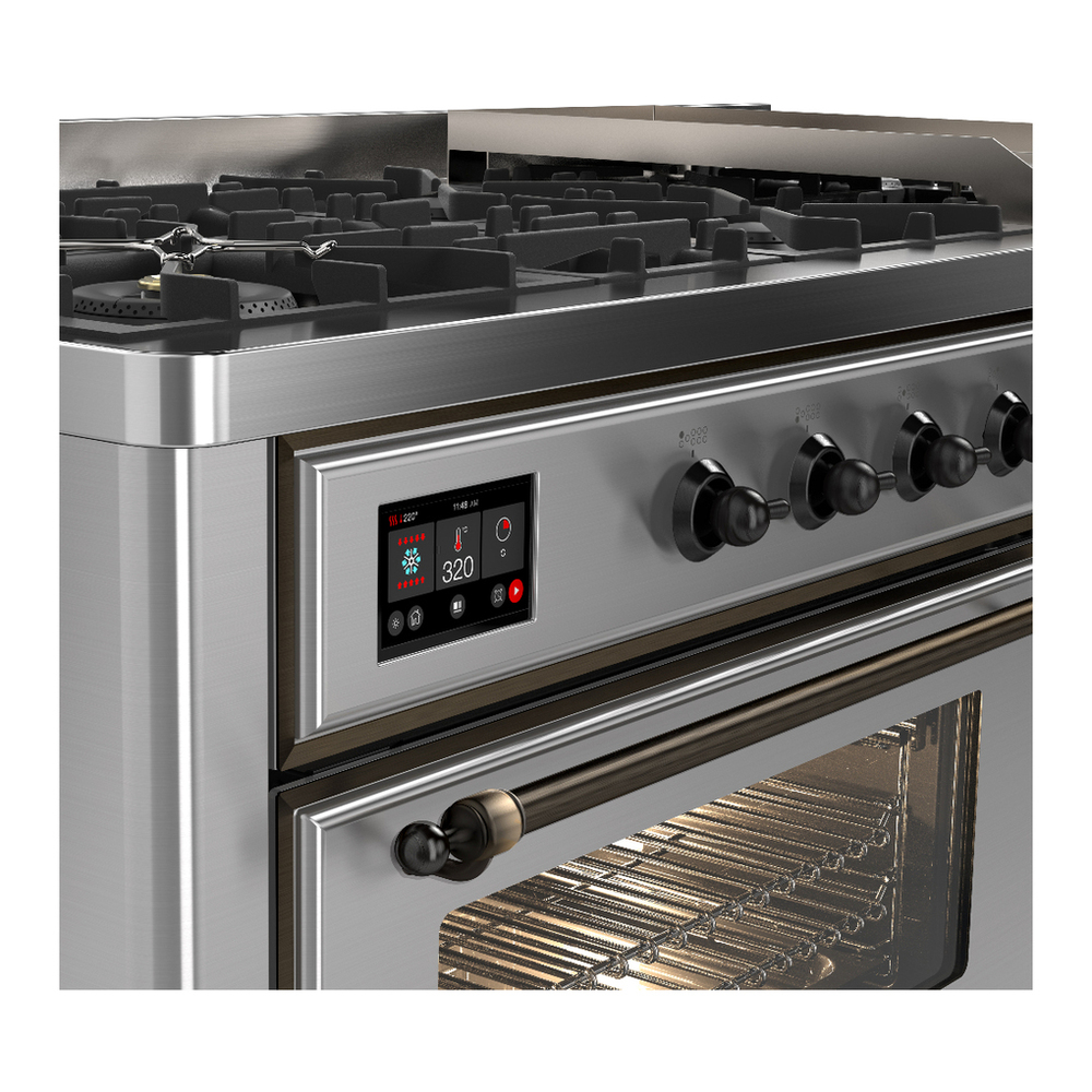 ILVE UM60FNR3SSB Majestic III 60 inch Dual Fuel Range with 9 Burners and Griddle, Dual Function Burner up to 25,000 BTU (Natural Gas, Triple Glass Door, Stainless Steel, Burnished) 7 ILVE-UM60FNR3SSB-Control Knobs View