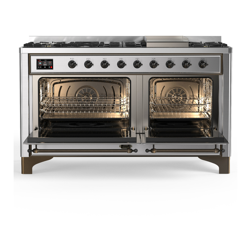 ILVE UM60FNR3SSB Majestic III 60 inch Dual Fuel Range with 9 Burners and Griddle, Dual Function Burner up to 25,000 BTU (Natural Gas, Triple Glass Door, Stainless Steel, Burnished) 2 ILVE-UM60FNR3SSB-Double Oven Open View