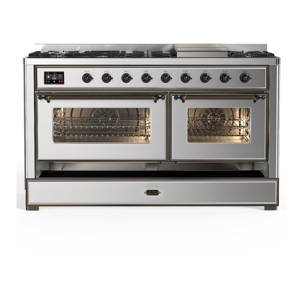 ILVE UM60FNR3SSB Majestic III 60 inch Dual Fuel Range with 9 Burners and Griddle, Dual Function Burner up to 25,000 BTU (Natural Gas, Triple Glass Door, Stainless Steel, Burnished) 5 ILVE-UM60FNR3SSB-Drawer Open View