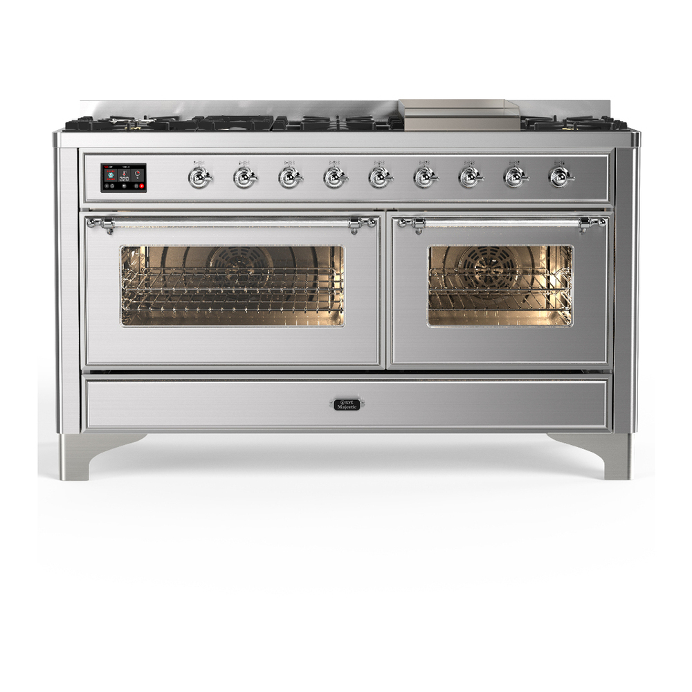 ILVE UM60FNR3SSC Majestic III 60 inch Dual Fuel Range with 9 Burners and Griddle, Dual Function Burner up to 25,000 BTU (Natural Gas, Triple Glass Door, Stainless Steel, Chrome) 1 UM60FNR3SSC