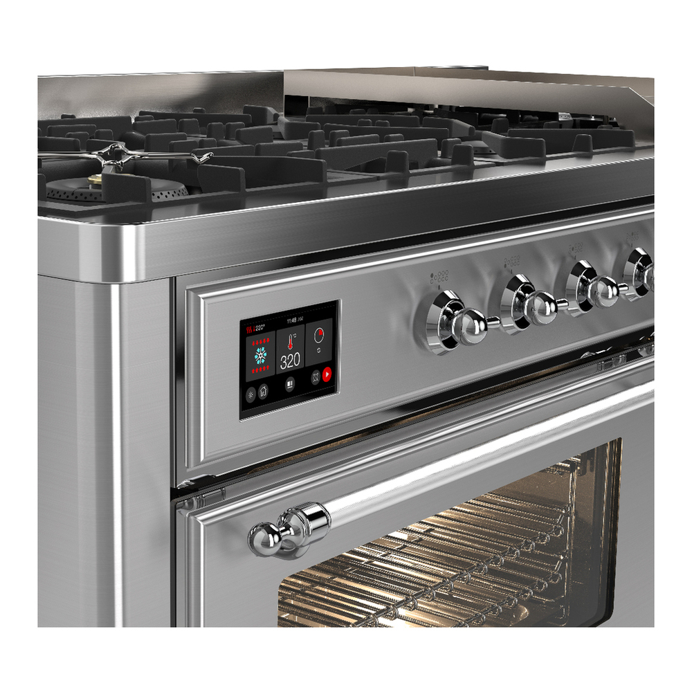 ILVE UM60FNR3SSC Majestic III 60 inch Dual Fuel Range with 9 Burners and Griddle, Dual Function Burner up to 25,000 BTU (Natural Gas, Triple Glass Door, Stainless Steel, Chrome) 7 ILVE-UM60FNR3SSC-Control Knobs View