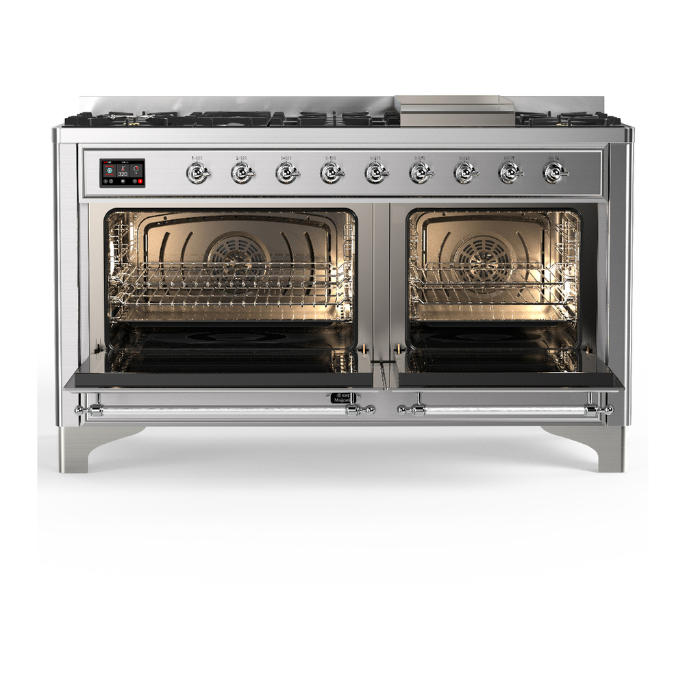 ILVE UM60FNR3SSC Majestic III 60 inch Dual Fuel Range with 9 Burners and Griddle, Dual Function Burner up to 25,000 BTU (Natural Gas, Triple Glass Door, Stainless Steel, Chrome) 2 ILVE-UM60FNR3SSC-Double Oven Open View