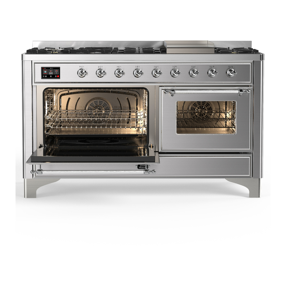 ILVE UM60FNR3SSC Majestic III 60 inch Dual Fuel Range with 9 Burners and Griddle, Dual Function Burner up to 25,000 BTU (Natural Gas, Triple Glass Door, Stainless Steel, Chrome) 3 ILVE-UM60FNR3SSC-Primary Oven Open View