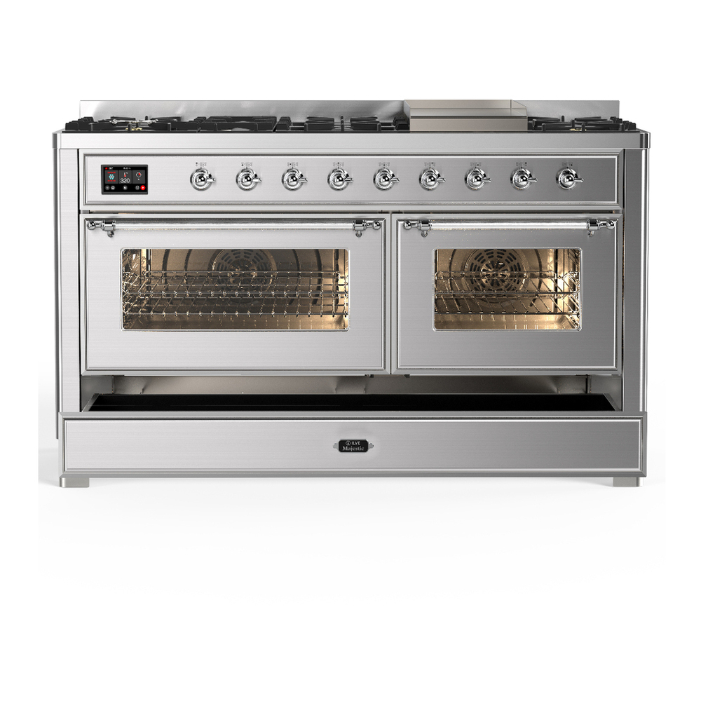 ILVE UM60FNR3SSC Majestic III 60 inch Dual Fuel Range with 9 Burners and Griddle, Dual Function Burner up to 25,000 BTU (Natural Gas, Triple Glass Door, Stainless Steel, Chrome) 5 ILVE-UM60FNR3SSC-Drawer Open View