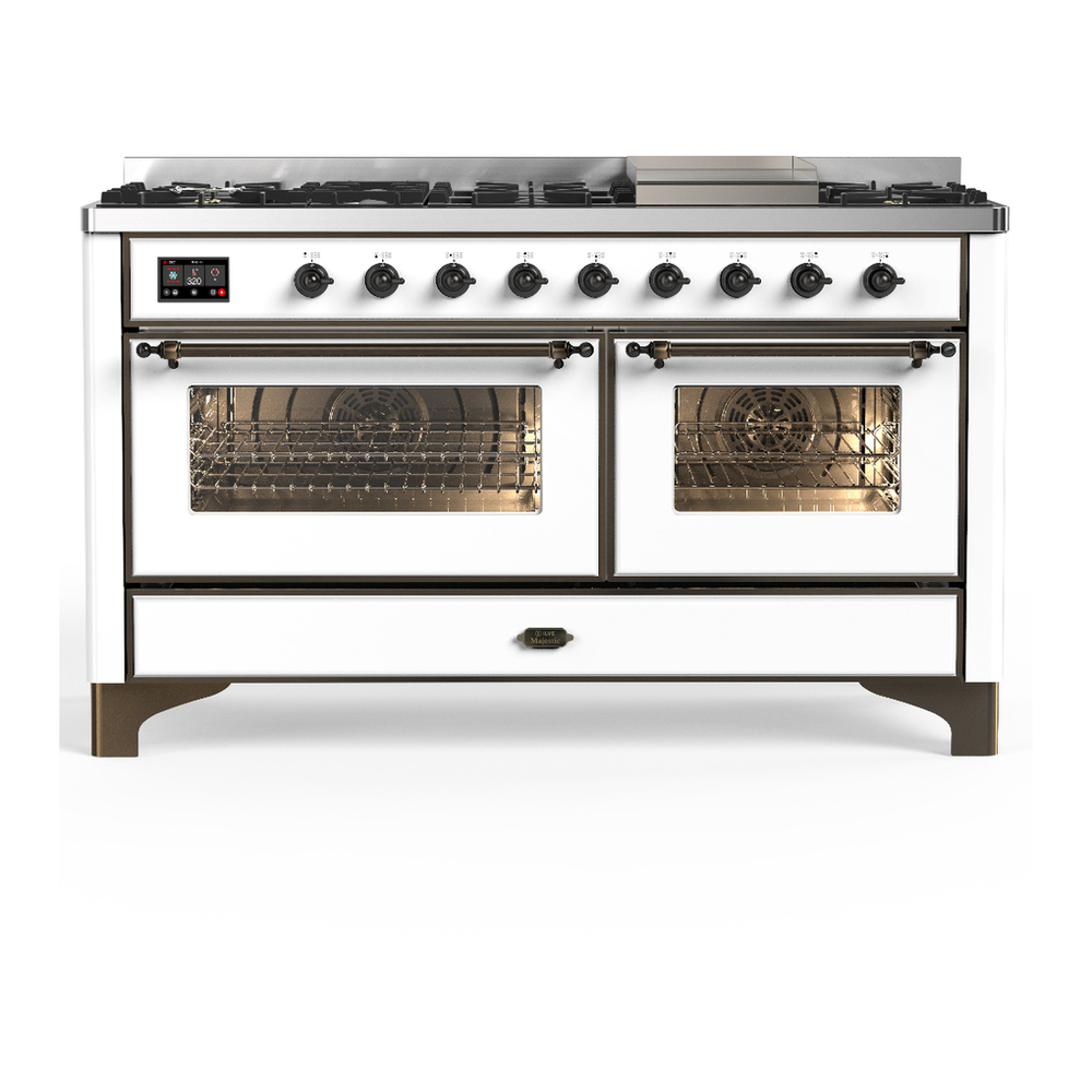 ILVE UM60FNR3WHB Majestic III 60 inch Dual Fuel Range with 9 Burners and Griddle, Dual Function Burner up to 25,000 BTU (Natural Gas, Triple Glass Door, White, Burnished) 1 UM60FNR3WHB