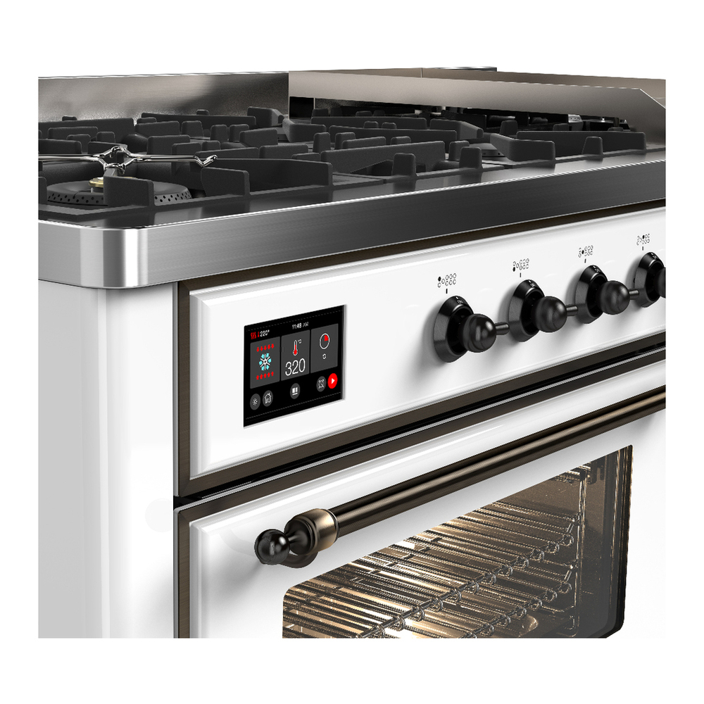 ILVE UM60FNR3WHB Majestic III 60 inch Dual Fuel Range with 9 Burners and Griddle, Dual Function Burner up to 25,000 BTU (Natural Gas, Triple Glass Door, White, Burnished) 7 ILVE-UM60FNR3WHB-Control Knobs View