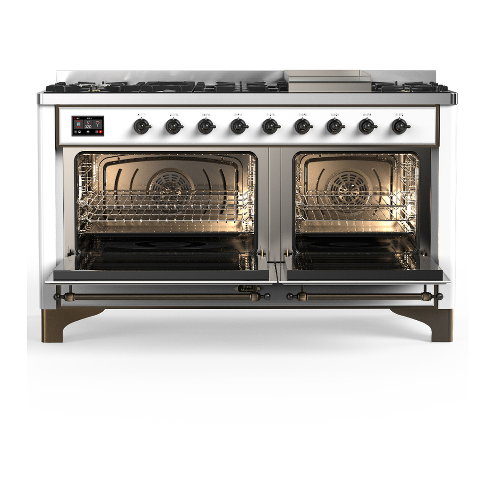 ILVE UM60FNR3WHB Majestic III 60 inch Dual Fuel Range with 9 Burners and Griddle, Dual Function Burner up to 25,000 BTU (Natural Gas, Triple Glass Door, White, Burnished) 2 ILVE-UM60FNR3WHB-Double Oven Open View