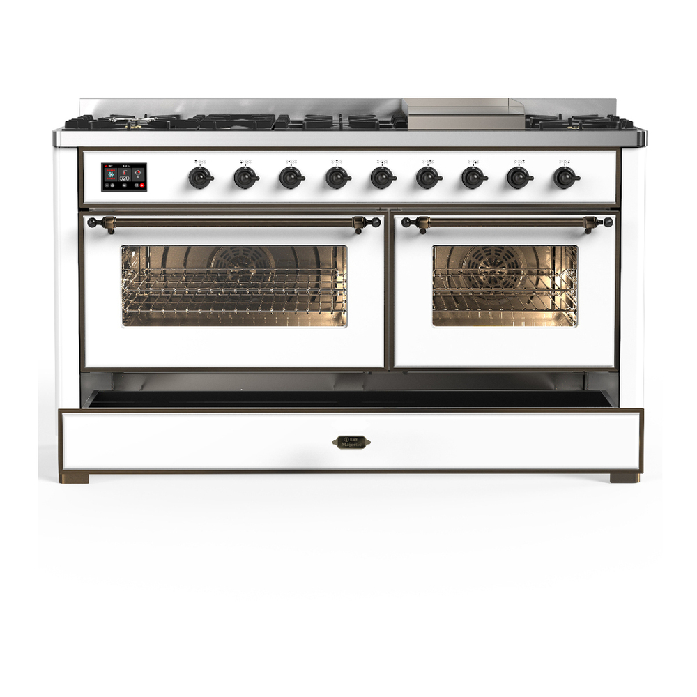 ILVE UM60FNR3WHB Majestic III 60 inch Dual Fuel Range with 9 Burners and Griddle, Dual Function Burner up to 25,000 BTU (Natural Gas, Triple Glass Door, White, Burnished) 5 ILVE-UM60FNR3WHB-Drawer Open View