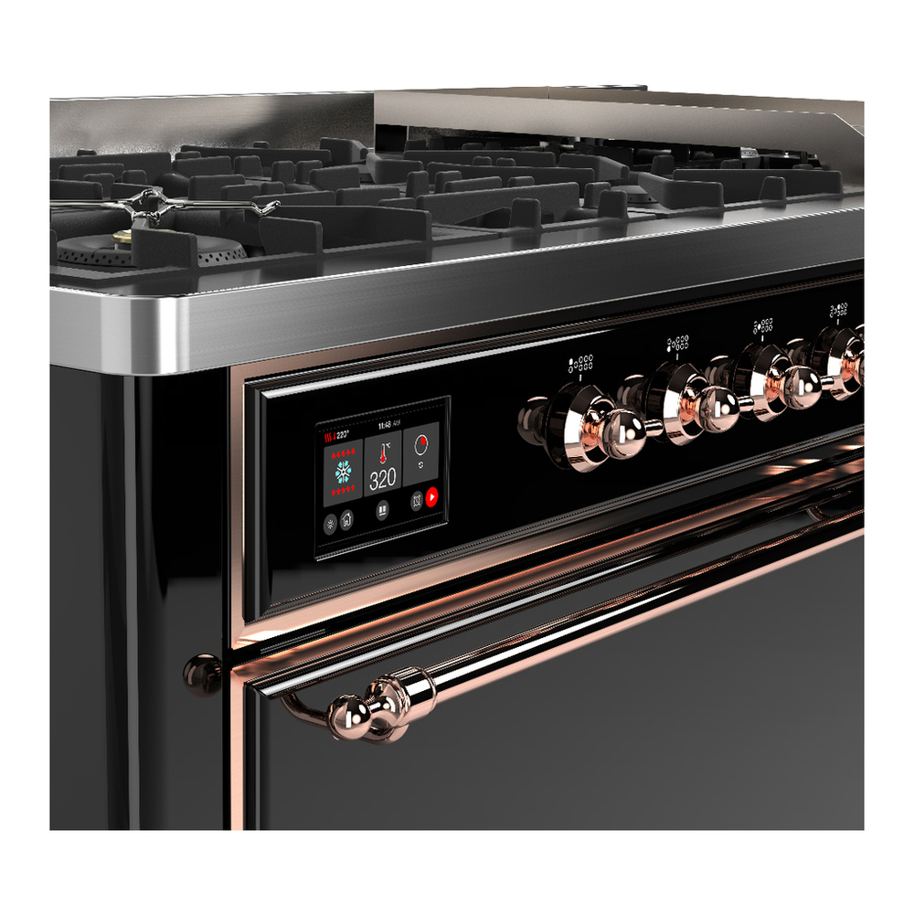 ILVE UM60FQNR3BKPLP Majestic III 60 inch Dual Fuel Range with 9 Burners and Griddle, Dual Function Burner up to 25,000 BTU (Liquid Propane, Solid Door, Glossy Black, Copper) 7 ILVE-UM60FQNR3BKPLP-Control Knobs View
